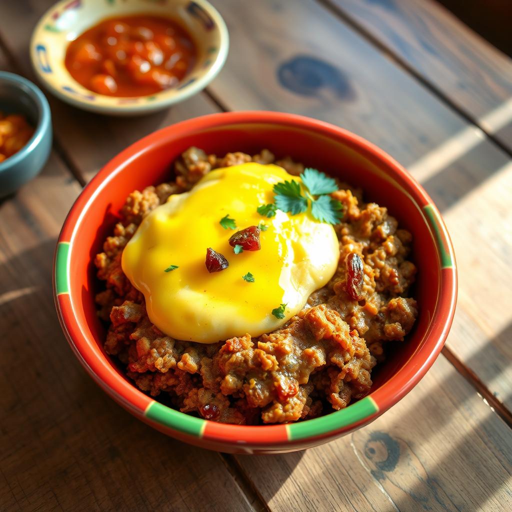 A traditional South African bobotie dish served in a vibrant, colorful bowl