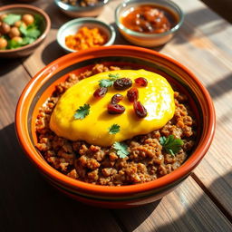 A traditional South African bobotie dish served in a vibrant, colorful bowl