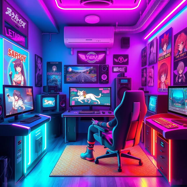 A vibrant synthwave gaming room designed for an anime cat girl