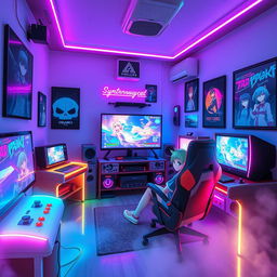 A vibrant synthwave gaming room designed for an anime cat girl