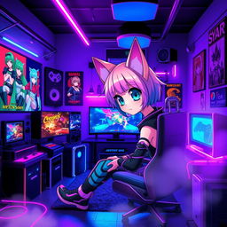 A vibrant synthwave gaming room designed for an anime cat girl