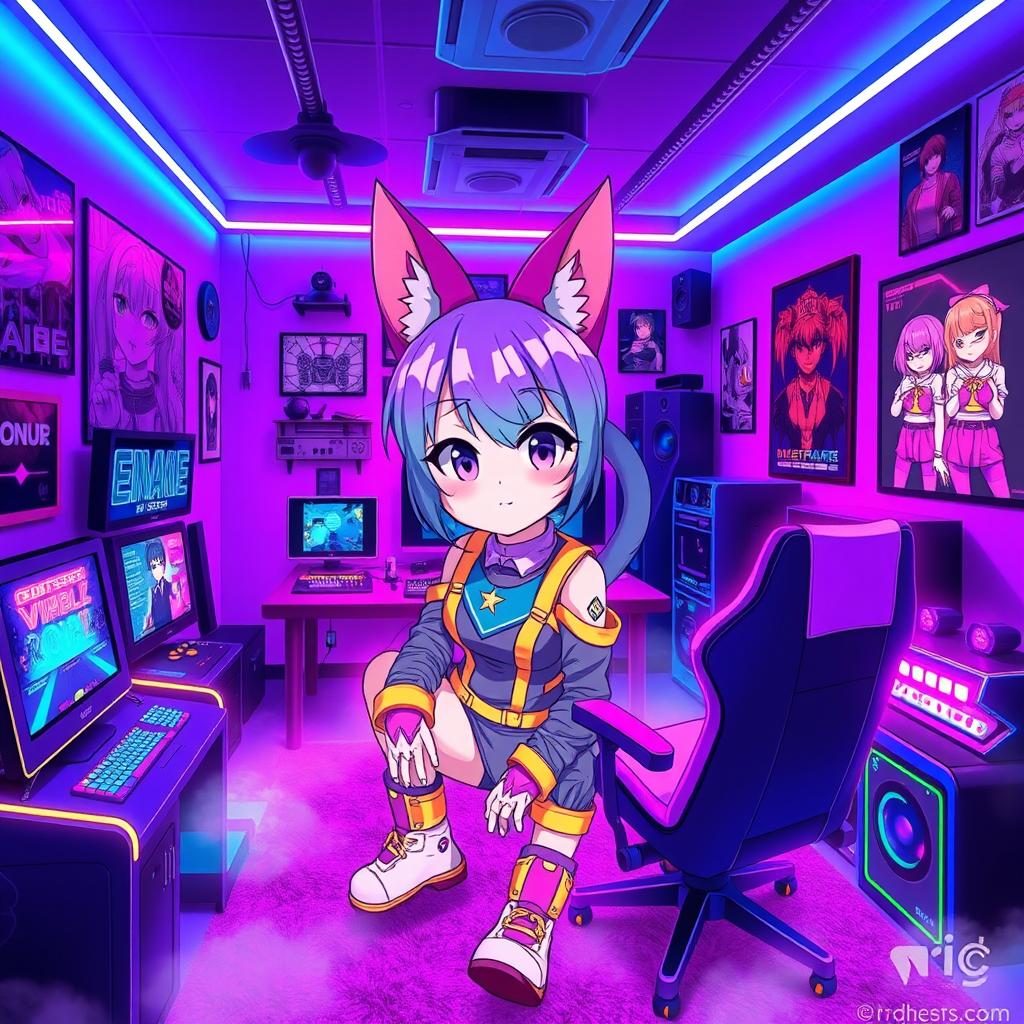 A vibrant synthwave gaming room designed for an anime cat girl