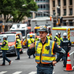 A civil defense officer in full uniform, standing confidently on a city street during an emergency drill