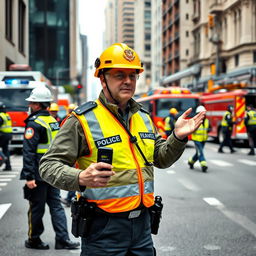 A civil defense officer in full uniform, standing confidently on a city street during an emergency drill