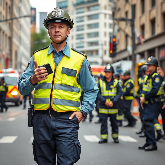 A civil defense officer in full uniform, standing confidently on a city street during an emergency drill