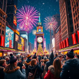 A vibrant and festive New Year's celebration scene in a city filled with colorful fireworks lighting up the night sky, with people of diverse backgrounds joyfully celebrating, wearing party hats and holding champagne glasses