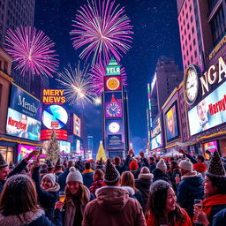 A vibrant and festive New Year's celebration scene in a city filled with colorful fireworks lighting up the night sky, with people of diverse backgrounds joyfully celebrating, wearing party hats and holding champagne glasses