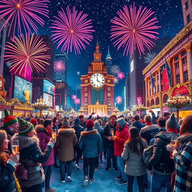 A vibrant and festive New Year's celebration scene in a city filled with colorful fireworks lighting up the night sky, with people of diverse backgrounds joyfully celebrating, wearing party hats and holding champagne glasses