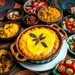 A detailed and colorful depiction of Bobotie, a traditional South African dish
