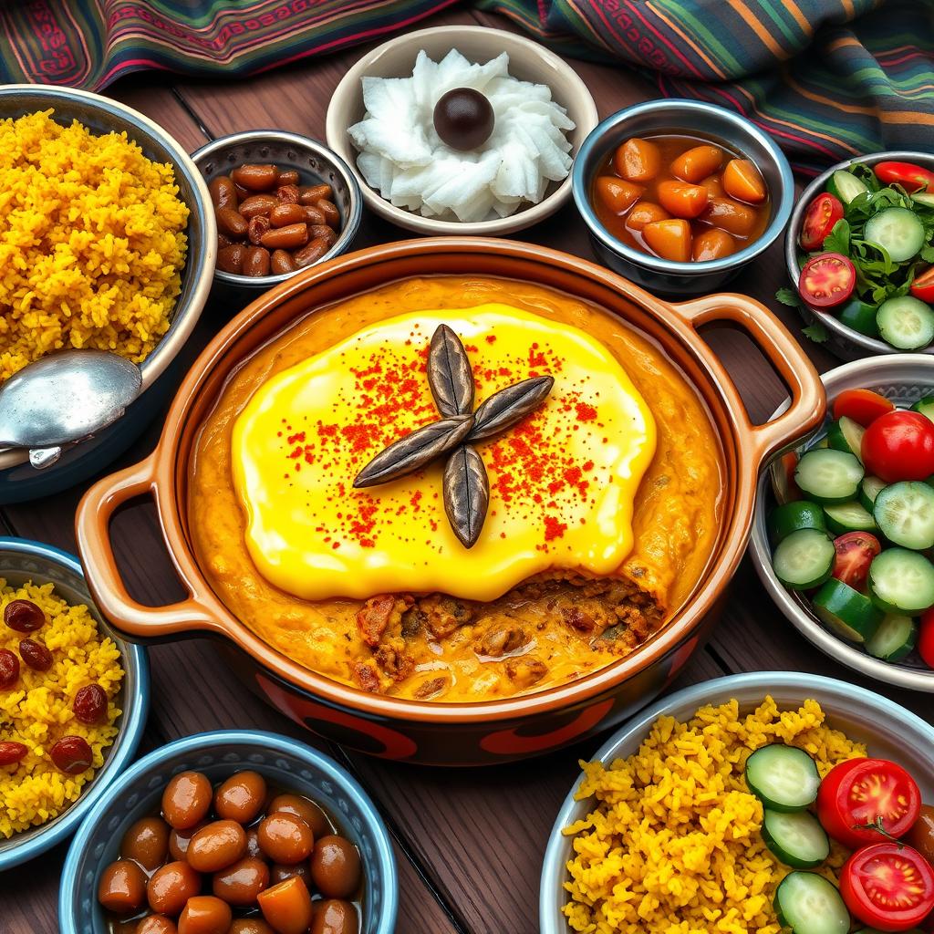 A detailed and colorful depiction of Bobotie, a traditional South African dish