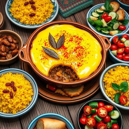 A detailed and colorful depiction of Bobotie, a traditional South African dish
