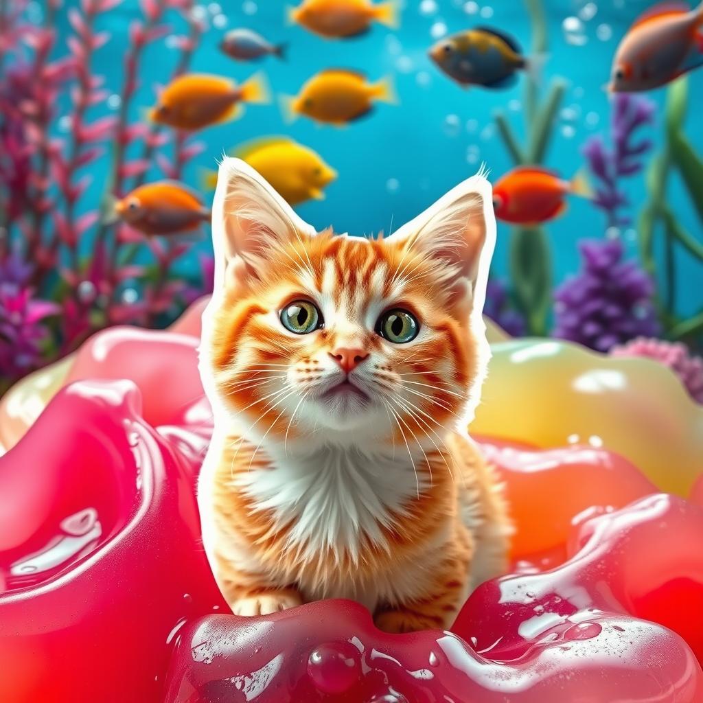 A whimsical image of a cat cut out and playfully placed on top of a vibrant jelly background