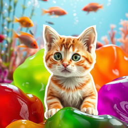 A whimsical image of a cat cut out and playfully placed on top of a vibrant jelly background