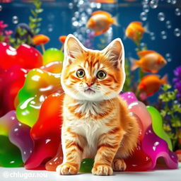 A whimsical image of a cat cut out and playfully placed on top of a vibrant jelly background