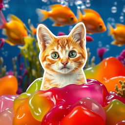A whimsical image of a cat cut out and playfully placed on top of a vibrant jelly background