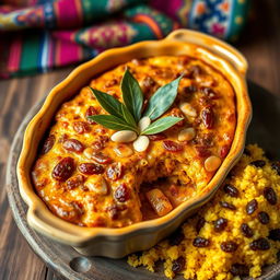 A beautifully styled dish of Bobotie, a traditional South African cuisine, served in an elegant ceramic dish