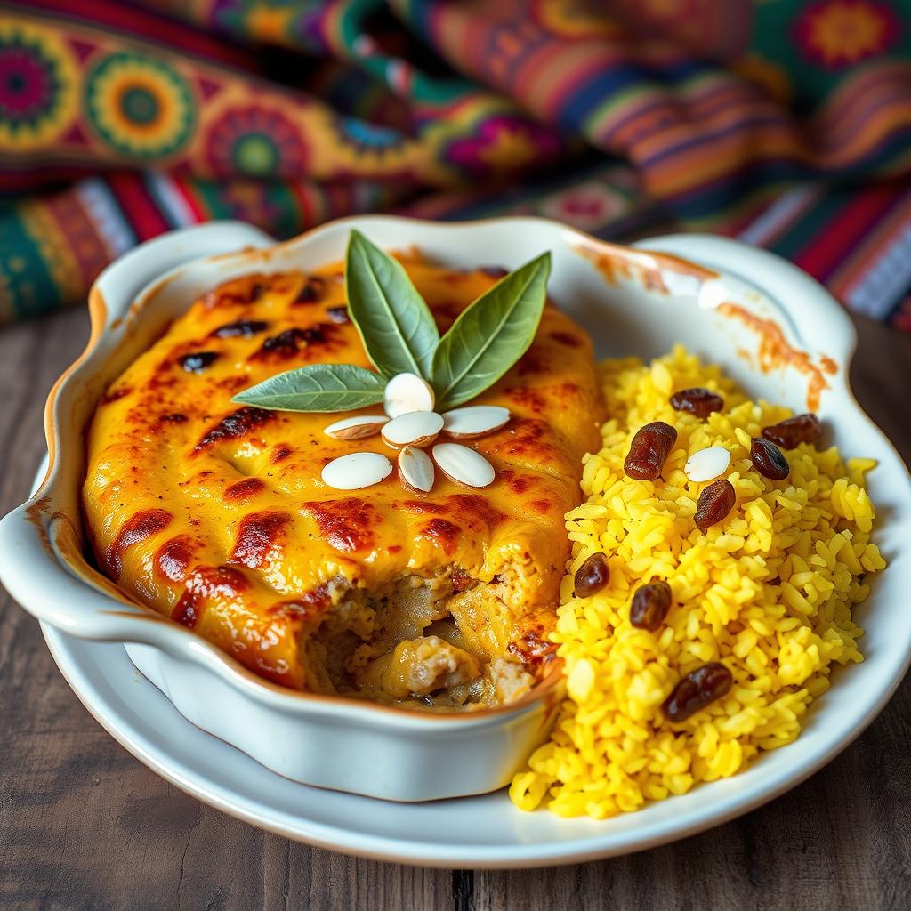 A beautifully styled dish of Bobotie, a traditional South African cuisine, served in an elegant ceramic dish