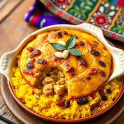 A beautifully styled dish of Bobotie, a traditional South African cuisine, served in an elegant ceramic dish