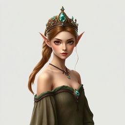 A captivating forest elf princess standing poised and looking directly at the camera