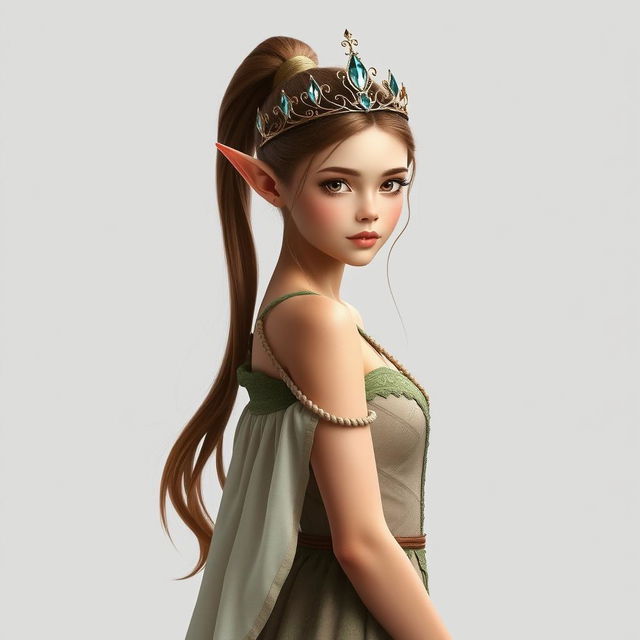 A captivating forest elf princess standing poised and looking directly at the camera