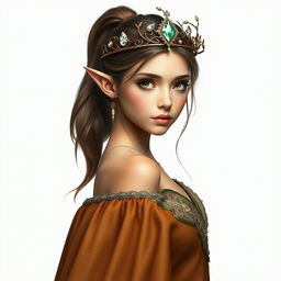 A captivating forest elf princess standing poised and looking directly at the camera
