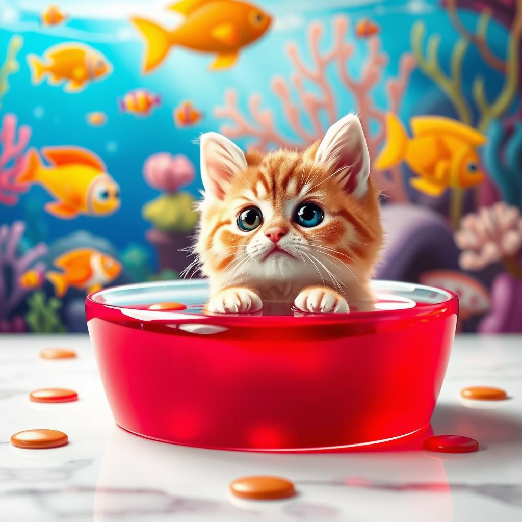 A whimsical and adorable scene featuring a cute cat cutout placed in a vibrant jelly dessert