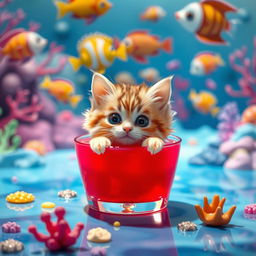 A whimsical and adorable scene featuring a cute cat cutout placed in a vibrant jelly dessert