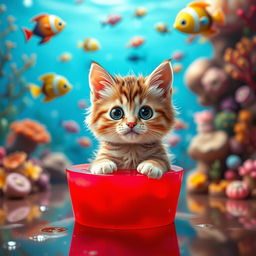 A whimsical and adorable scene featuring a cute cat cutout placed in a vibrant jelly dessert