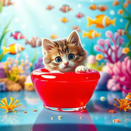 A whimsical and adorable scene featuring a cute cat cutout placed in a vibrant jelly dessert