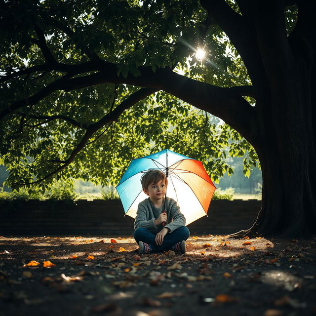 A solitary young boy sitting alone under a large, leafy tree, holding a colorful umbrella