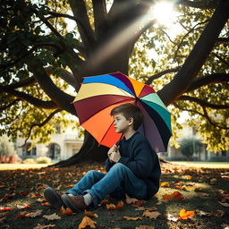 A solitary young boy sitting alone under a large, leafy tree, holding a colorful umbrella