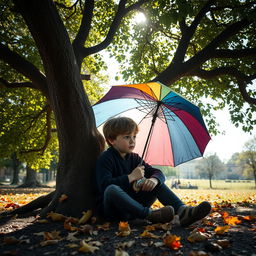 A solitary young boy sitting alone under a large, leafy tree, holding a colorful umbrella
