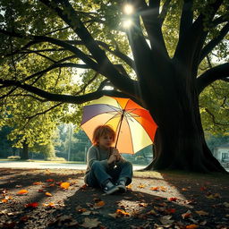 A solitary young boy sitting alone under a large, leafy tree, holding a colorful umbrella