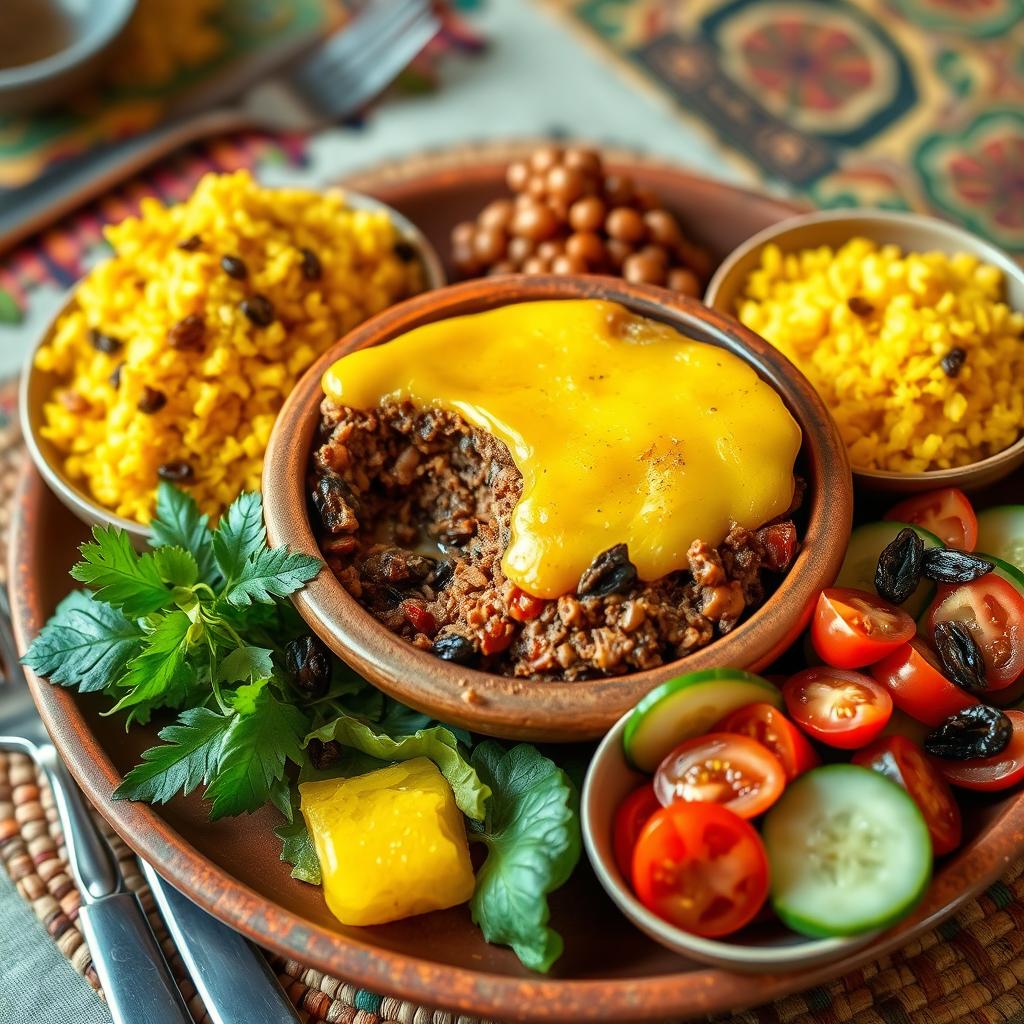 A beautifully plated authentic Bobotie, a traditional South African dish, served in a rustic ceramic bowl