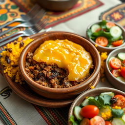 A beautifully plated authentic Bobotie, a traditional South African dish, served in a rustic ceramic bowl