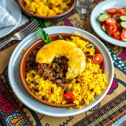 A beautifully plated authentic Bobotie, a traditional South African dish, served in a rustic ceramic bowl