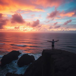 A cinematic scene featuring a dramatic sunset over a vast ocean, with waves crashing against rugged cliffs
