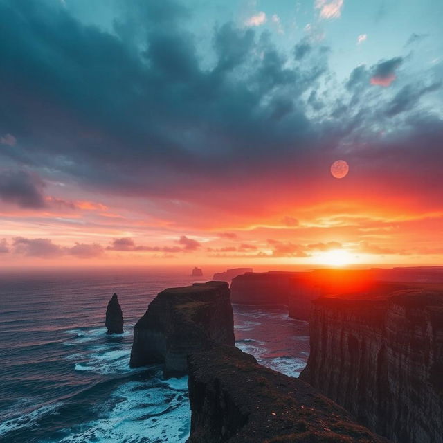 A cinematic scene featuring a dramatic sunset over a vast ocean, with waves crashing against rugged cliffs