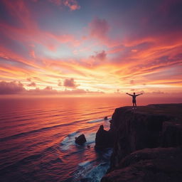A cinematic scene featuring a dramatic sunset over a vast ocean, with waves crashing against rugged cliffs