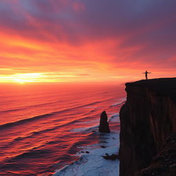 A cinematic scene featuring a dramatic sunset over a vast ocean, with waves crashing against rugged cliffs
