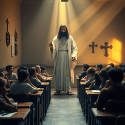 In a classroom setting, a divine figure stands with an authoritative presence, gazing down at students who are solemnly seated at their desks