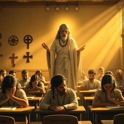 In a classroom setting, a divine figure stands with an authoritative presence, gazing down at students who are solemnly seated at their desks