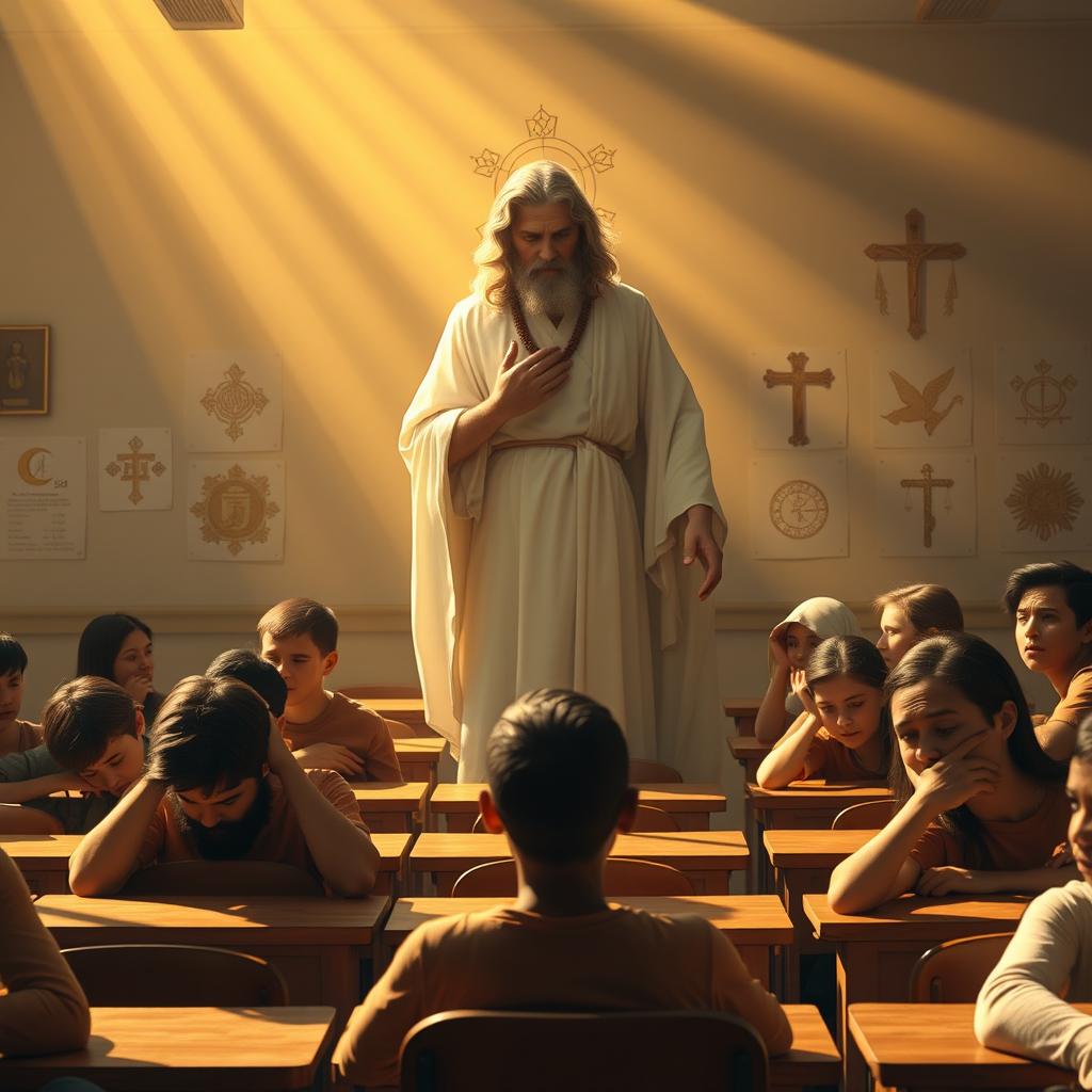 In a classroom setting, a divine figure stands with an authoritative presence, gazing down at students who are solemnly seated at their desks