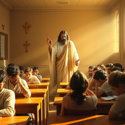 In a classroom setting, a divine figure stands with an authoritative presence, gazing down at students who are solemnly seated at their desks
