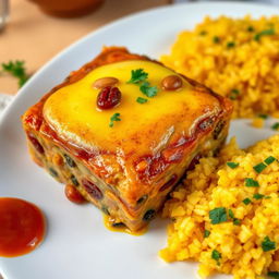 A colorful and appetizing plate of traditional South African bobotie, showcasing a perfectly baked dish topped with a golden brown egg custard layer