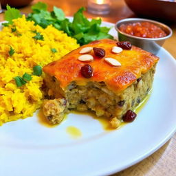 A colorful and appetizing plate of traditional South African bobotie, showcasing a perfectly baked dish topped with a golden brown egg custard layer