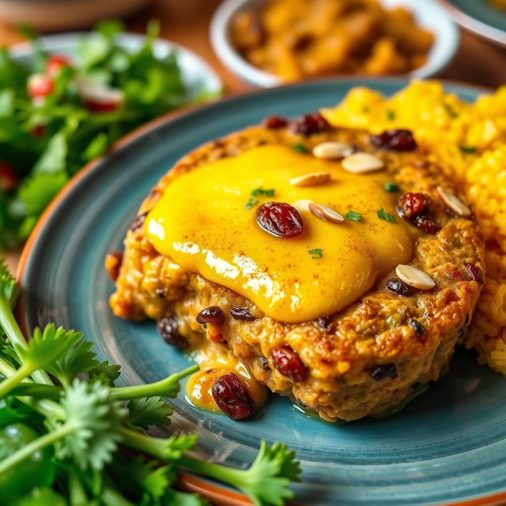 A colorful and appetizing plate of traditional South African bobotie, showcasing a perfectly baked dish topped with a golden brown egg custard layer