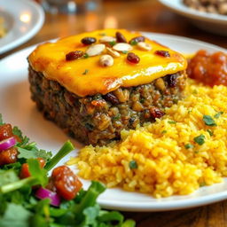A colorful and appetizing plate of traditional South African bobotie, showcasing a perfectly baked dish topped with a golden brown egg custard layer