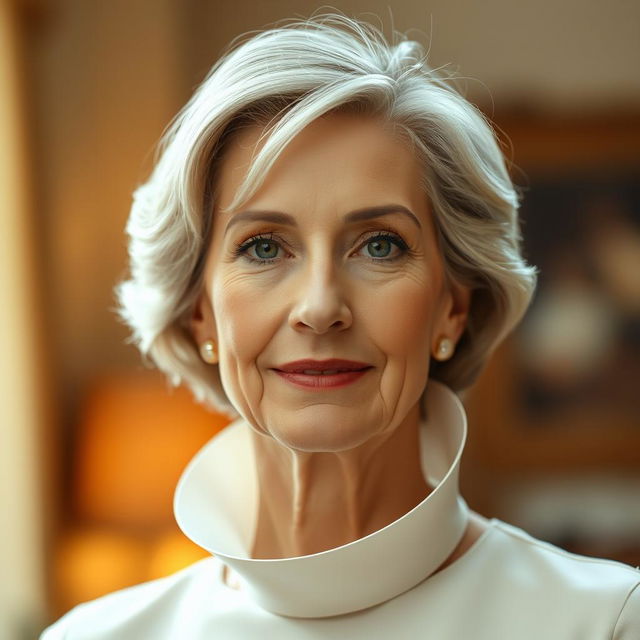 A striking portrait of a beautiful middle-aged woman resembling Meryl Streep, elegantly styled with soft lighting