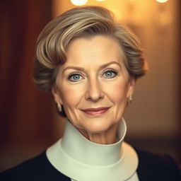 A striking portrait of a beautiful middle-aged woman resembling Meryl Streep, elegantly styled with soft lighting
